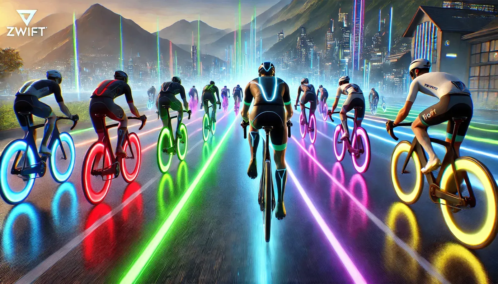 Riders climbing a neon-lit virtual road in Zwift's Watopia