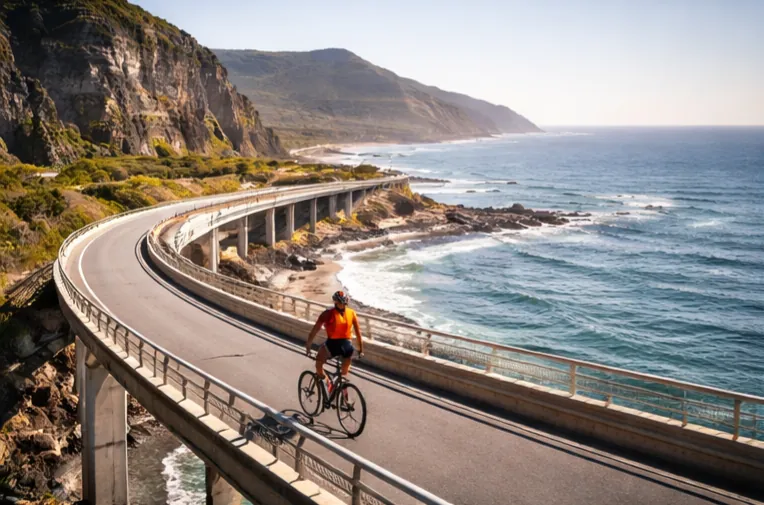 Rider stopped at a roadside viewpoint