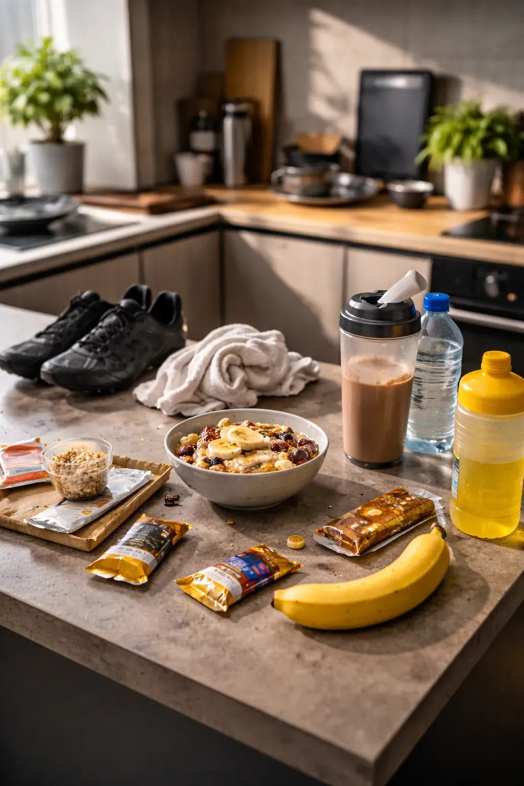 A kitchen counter laid out with porridge and banana, energy bars, a shaker, drinks bottles and a pair of cycling shoes