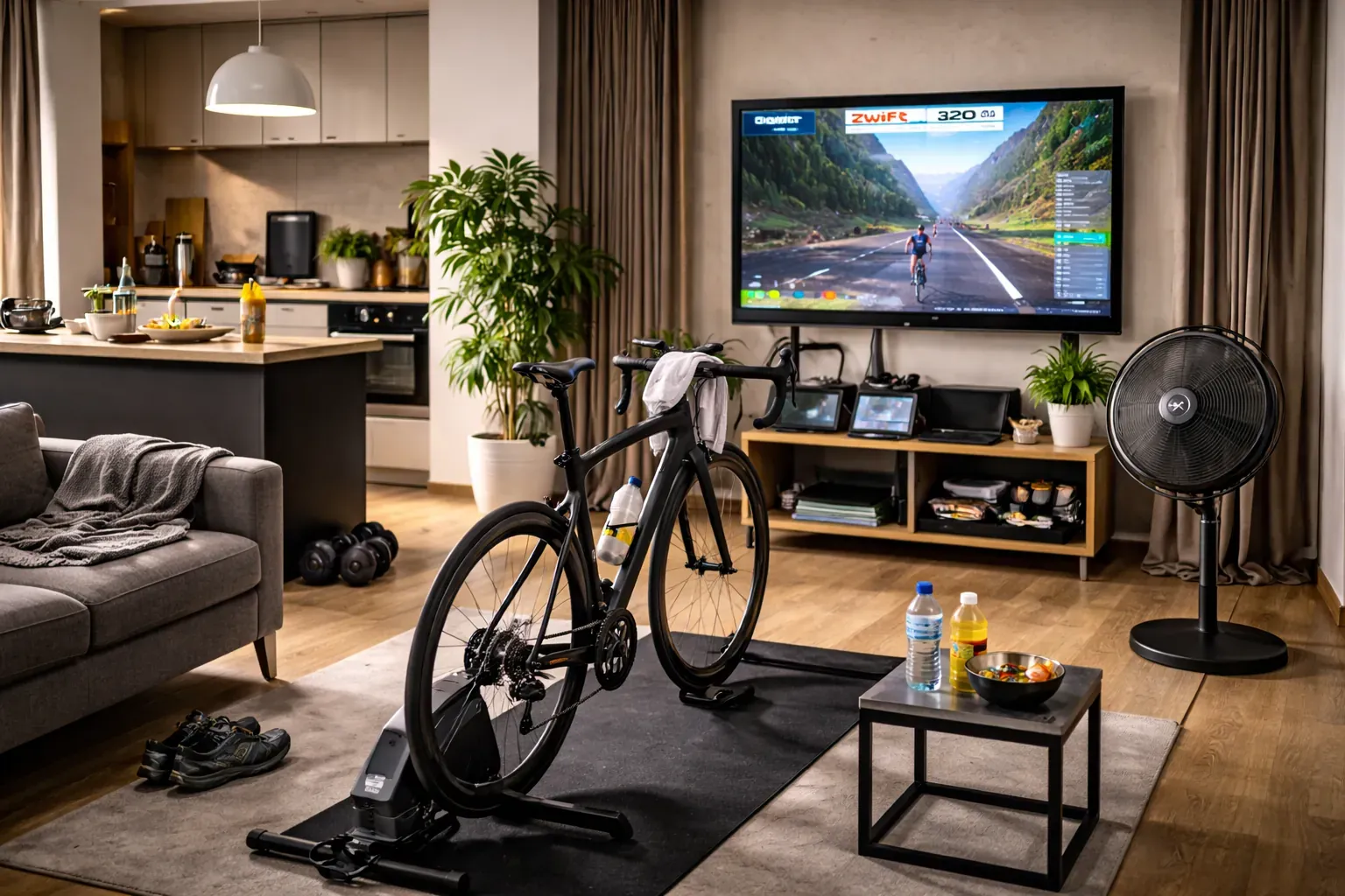 A road bike on a trainer in a living room, facing a wall-mounted screen running Zwift, with a fan and drinks to one side