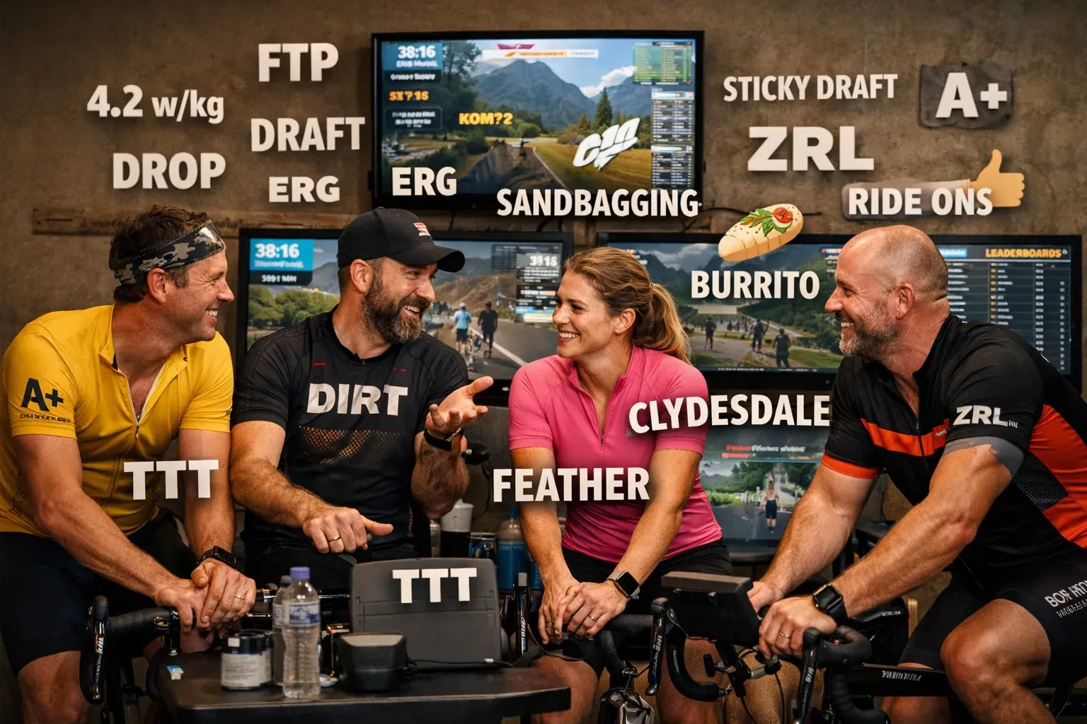 Four riders on indoor trainers in front of Zwift screens, with jargon such as FTP, ERG, sandbagging and ride ons overlaid