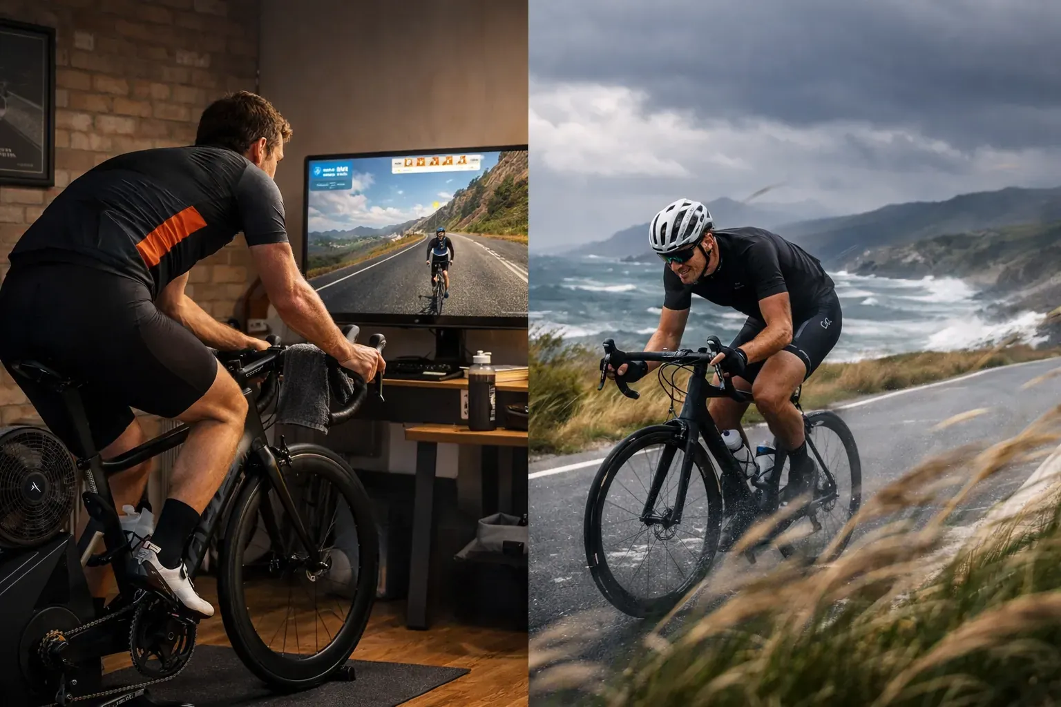 Split image: on the left a rider on an indoor trainer facing a Zwift screen, on the right the same rider on a windswept coastal road
