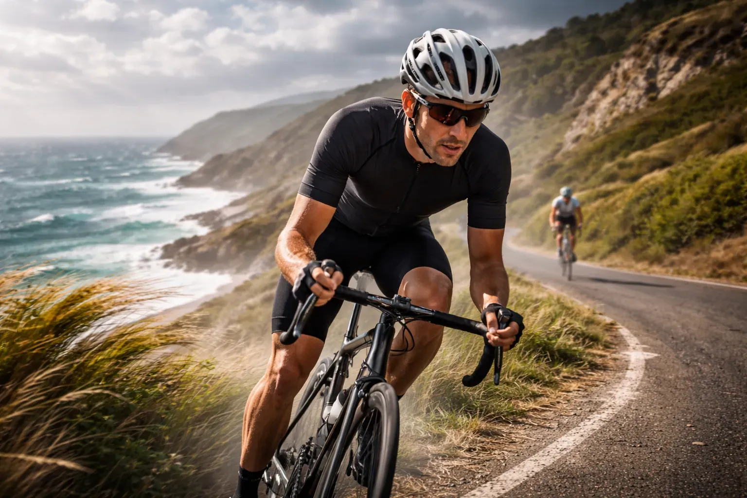 A cyclist riding hard on a coastal road above breaking surf, with a second rider following some way behind