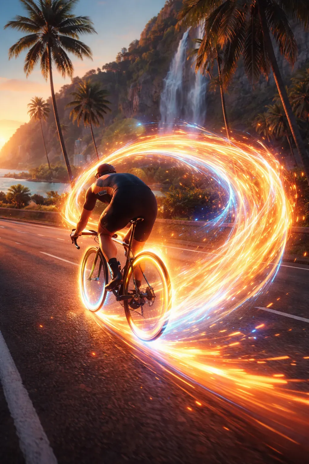 Illustration of a cyclist trailing a loop of orange light along a coastal road at sunset